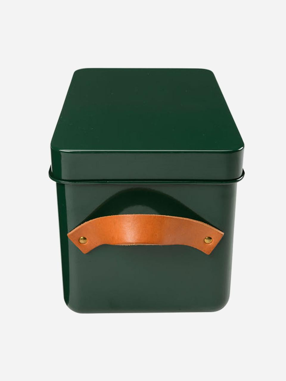 Heritage Green Seed Packet Storage Tin by Burgon & Ball, featuring a vintage-style metal container for organizing seed packets.