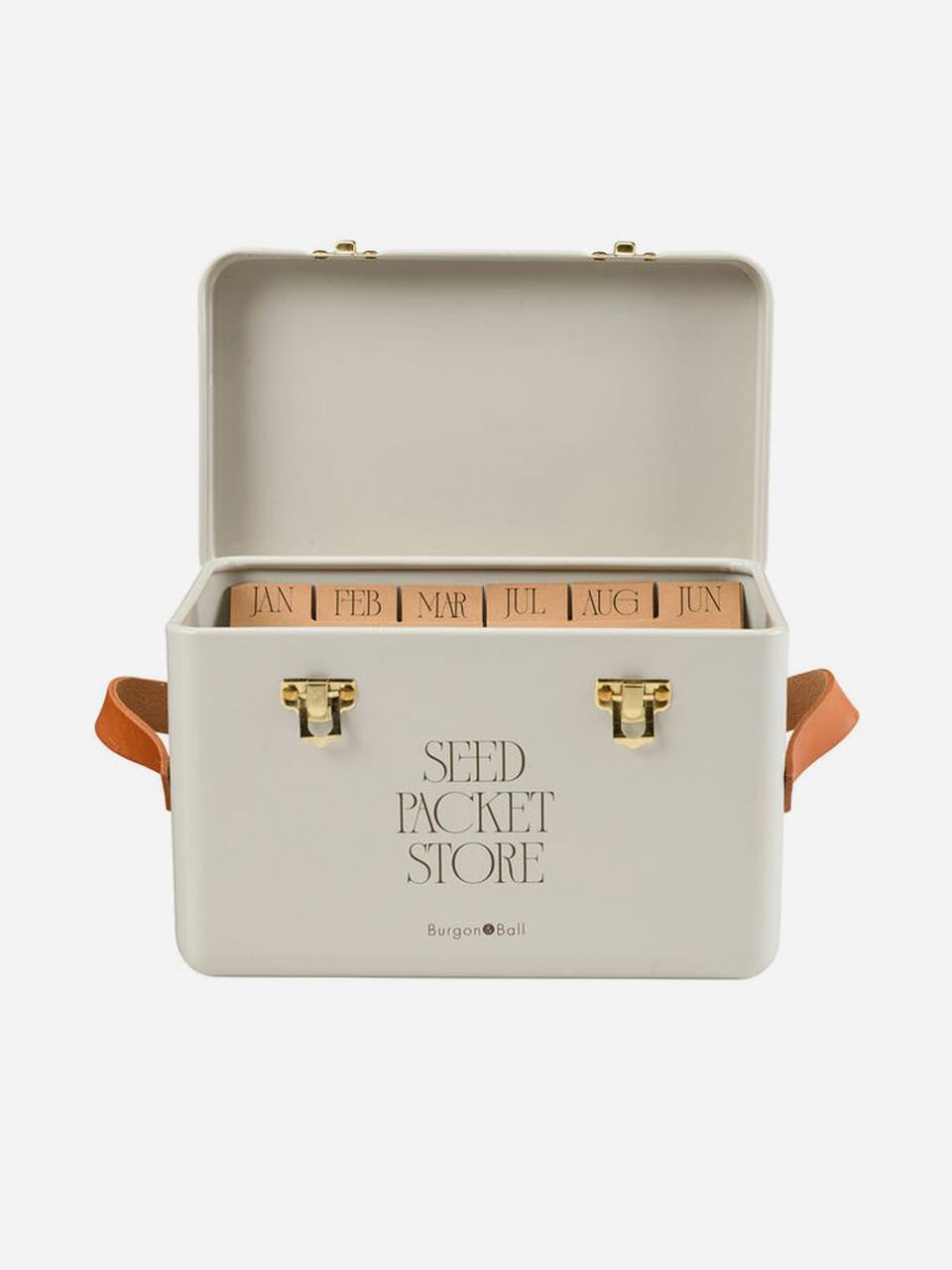Burgon & Ball Mushroom Seed Packet Storage Tin with vintage mushroom design for organizing seed packets.