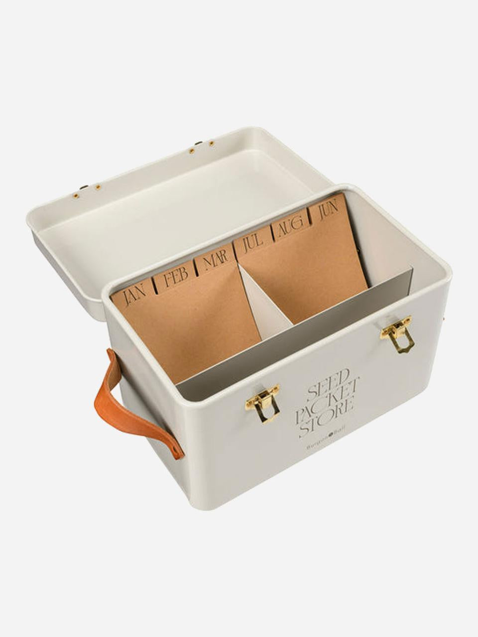 Burgon & Ball mushroom-shaped seed packet storage tin with vintage-inspired design for garden seed organization.