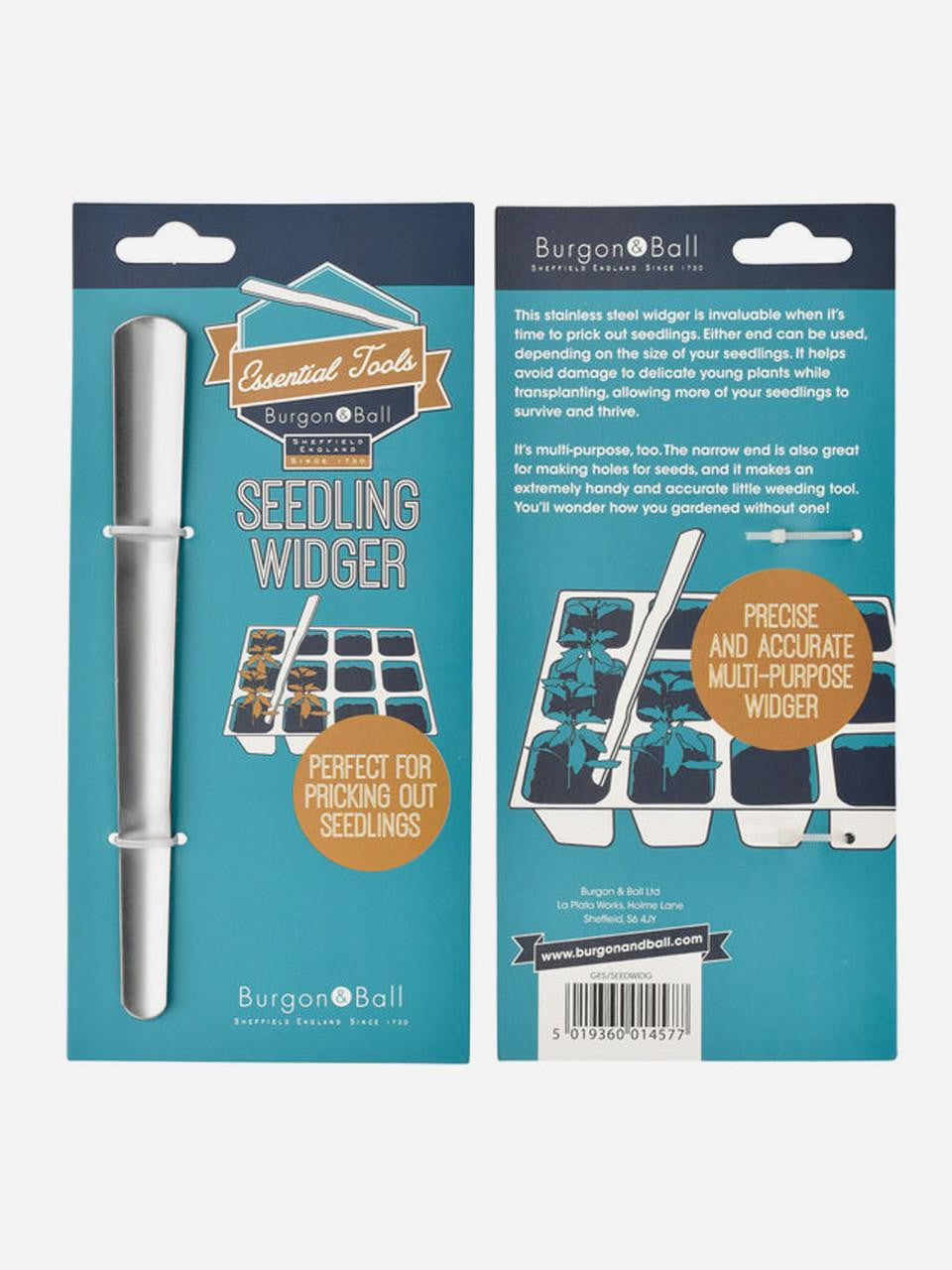 Burgon & Ball seedling widger with wooden handle and metal scoop for transplanting seedlings and delicate garden work.