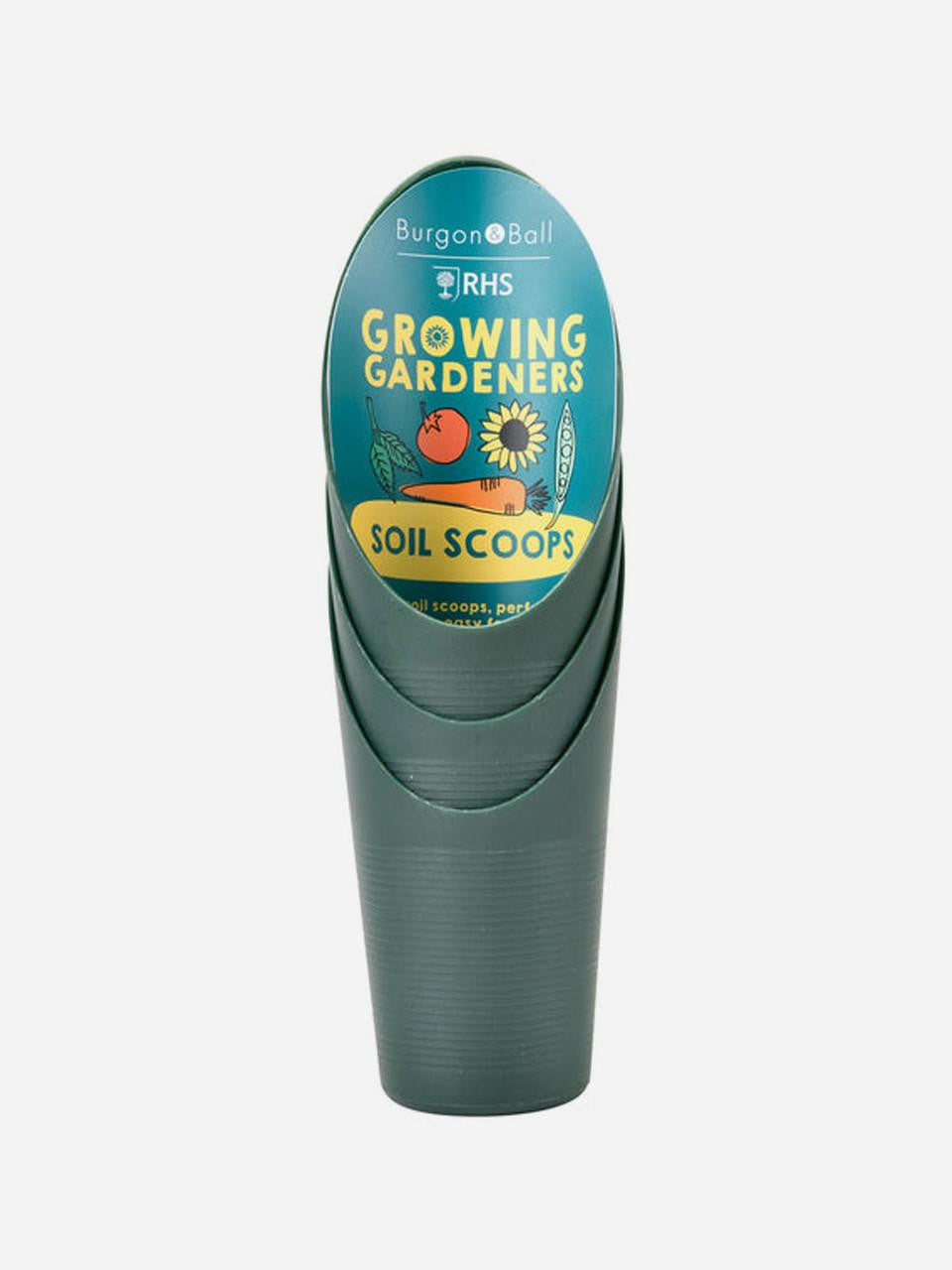 Set of three Burgon & Ball soil scoops with ergonomic handles, ideal for gardening and planting tasks.