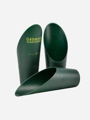 Set of three Burgon & Ball soil scoops with ergonomic handles for gardening and planting tasks.