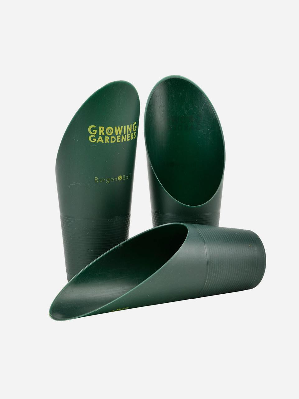 Set of three Burgon & Ball soil scoops with ergonomic handles for gardening and planting tasks.