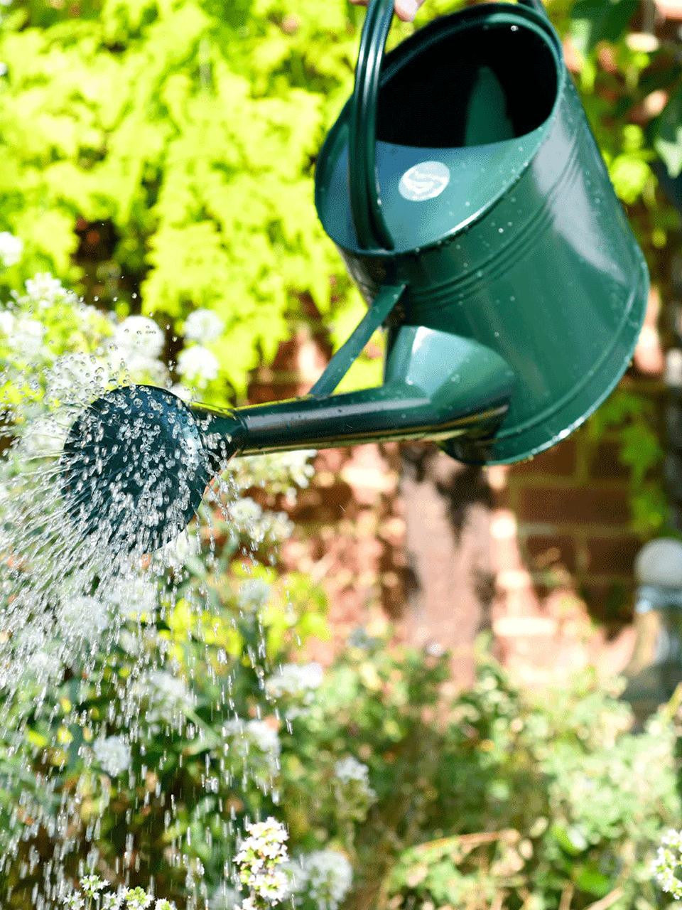Green Burgon & Ball Waterfall Watering Can, 9-litre, with a wide spout and ergonomic handle for easy garden watering.