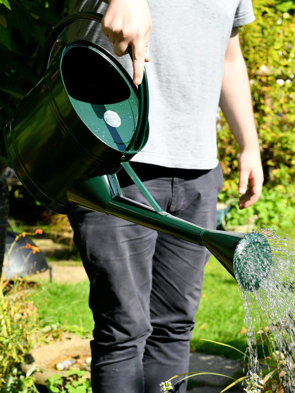 Green Burgon & Ball Waterfall Watering Can, 9-litre, with a curved spout and ergonomic handle for easy watering.