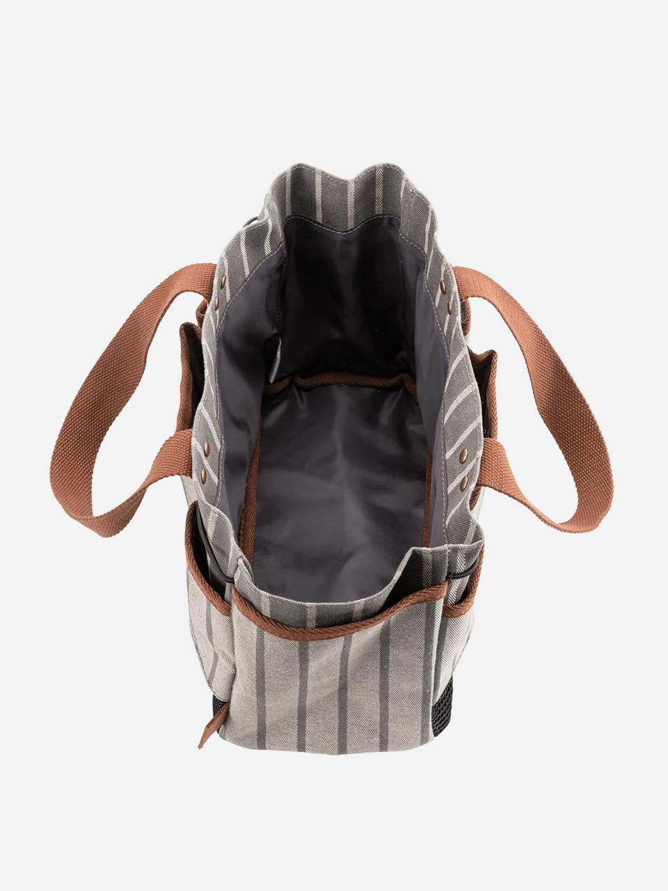 Navy Sophie Conran Tool Bag by Burgon & Ball with leather handles and multiple compartments for gardening tools.