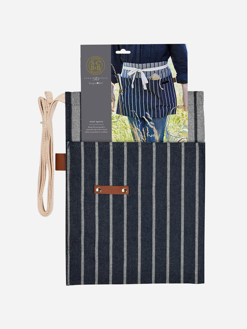 Navy Sophie Conran waist apron by Burgon & Ball with adjustable straps and multiple pockets for kitchen or gardening use.