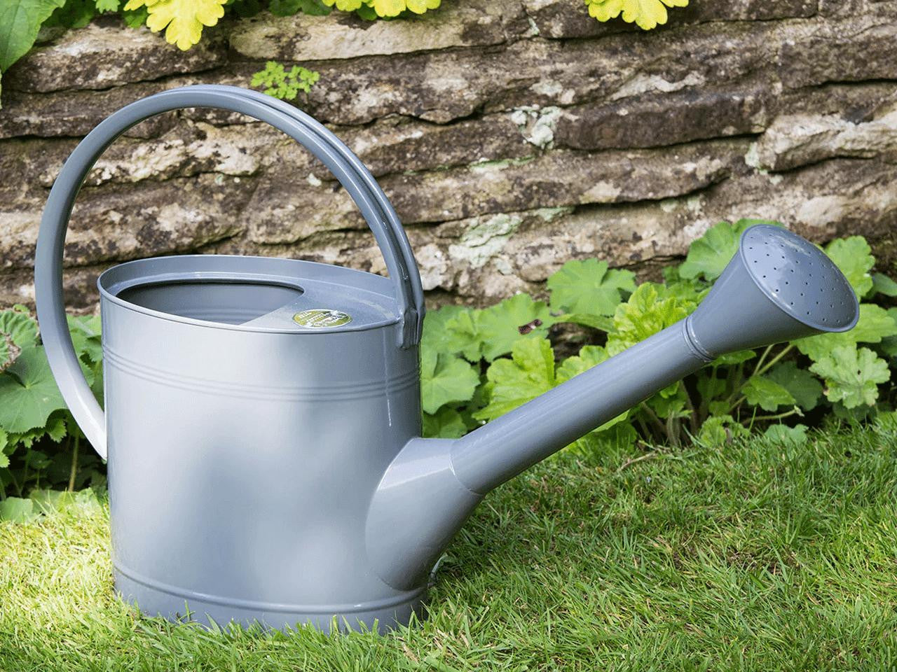 Burgon & Ball 5L Waterfall Watering Can in stone color with a long spout for easy watering of garden plants.
