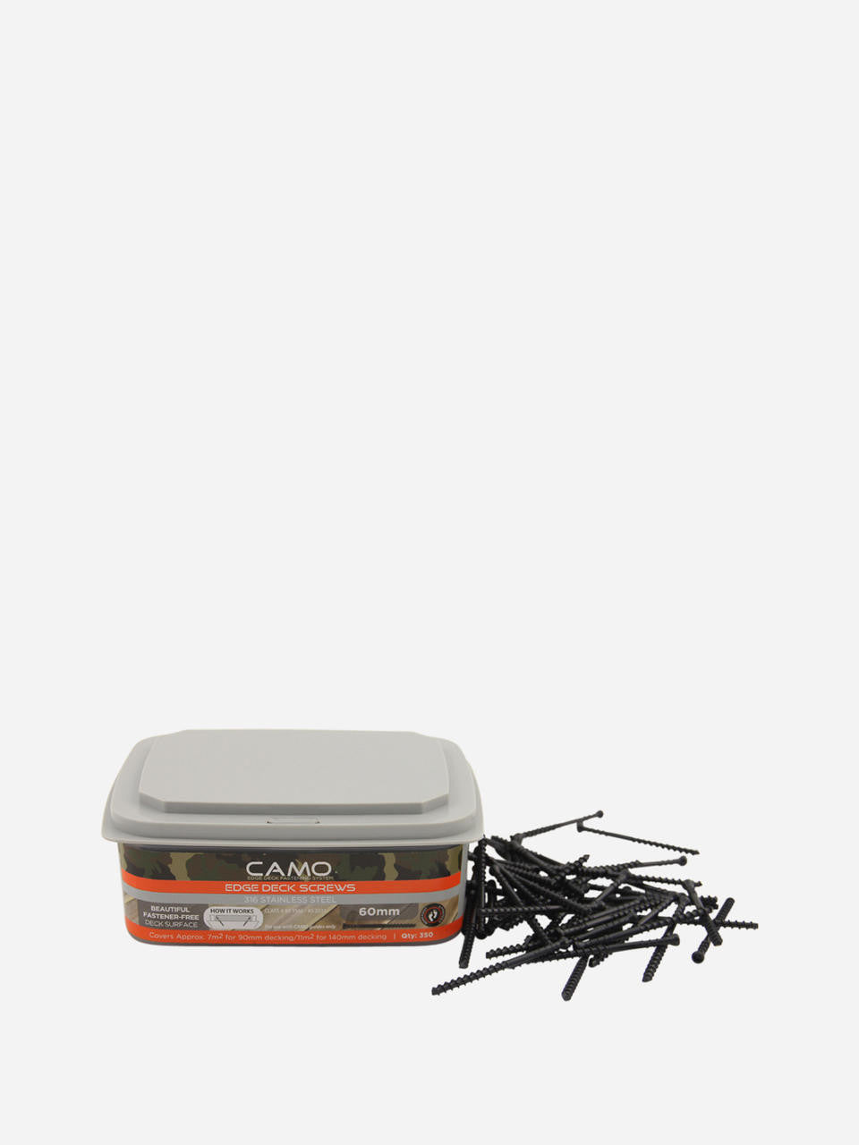CAMO Stainless Deck Screws 60mm x 350 showing rust-resistant finish and threading detail — Bugg