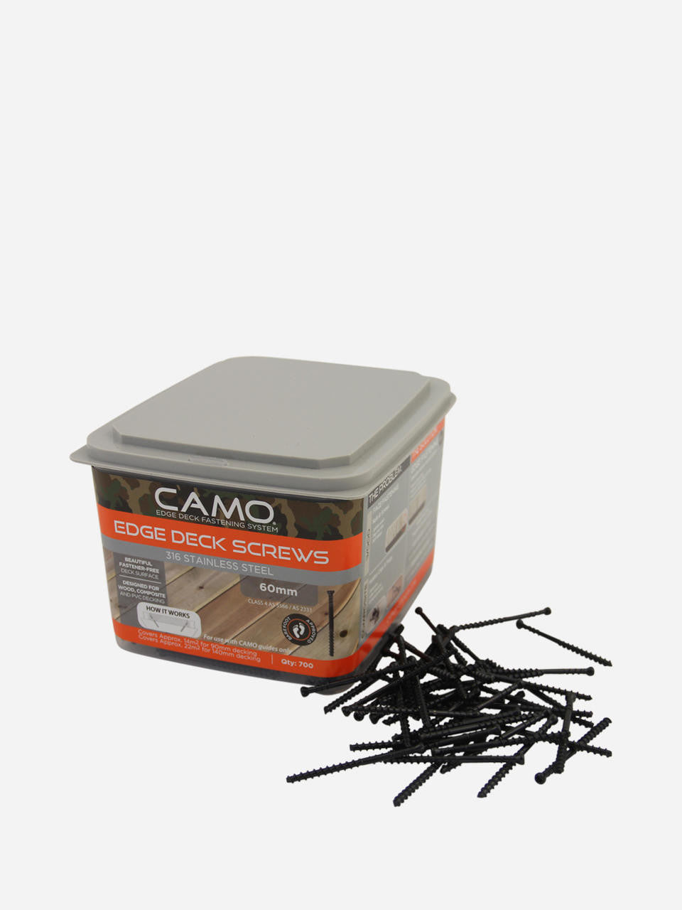 CAMO Stainless Deck Screws 60mm x 700 showing rust-resistant stainless steel construction — Bugg