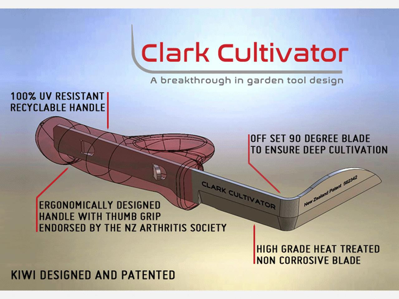 Clark Cultivator demonstrating its tines and handle, designed for soil cultivation and garden tilling.