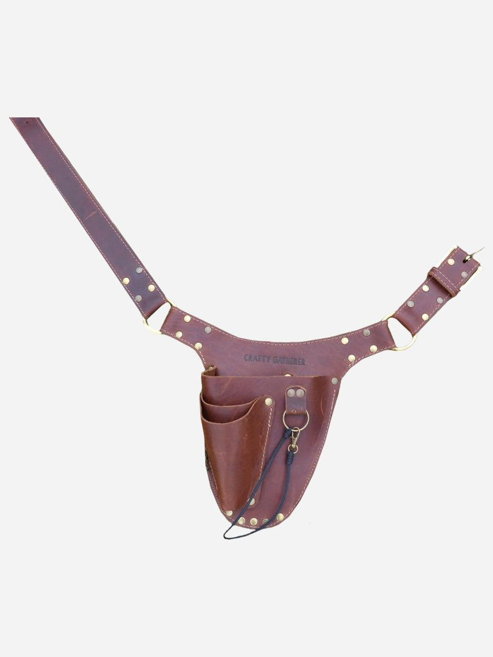 Right-handed Crafty Gatherer Garden Belt with multiple pouches for gardening tools, adjustable waist, durable fabric.