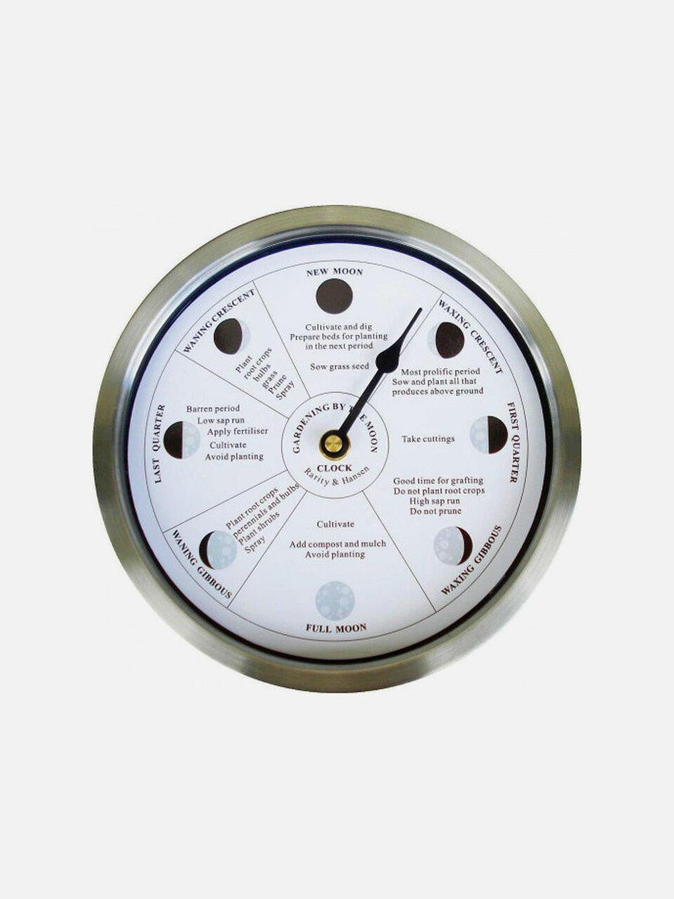 White Gardening by the Moon Clock by Cruising Electronics, showing moon phase and gardening tips on the dial.