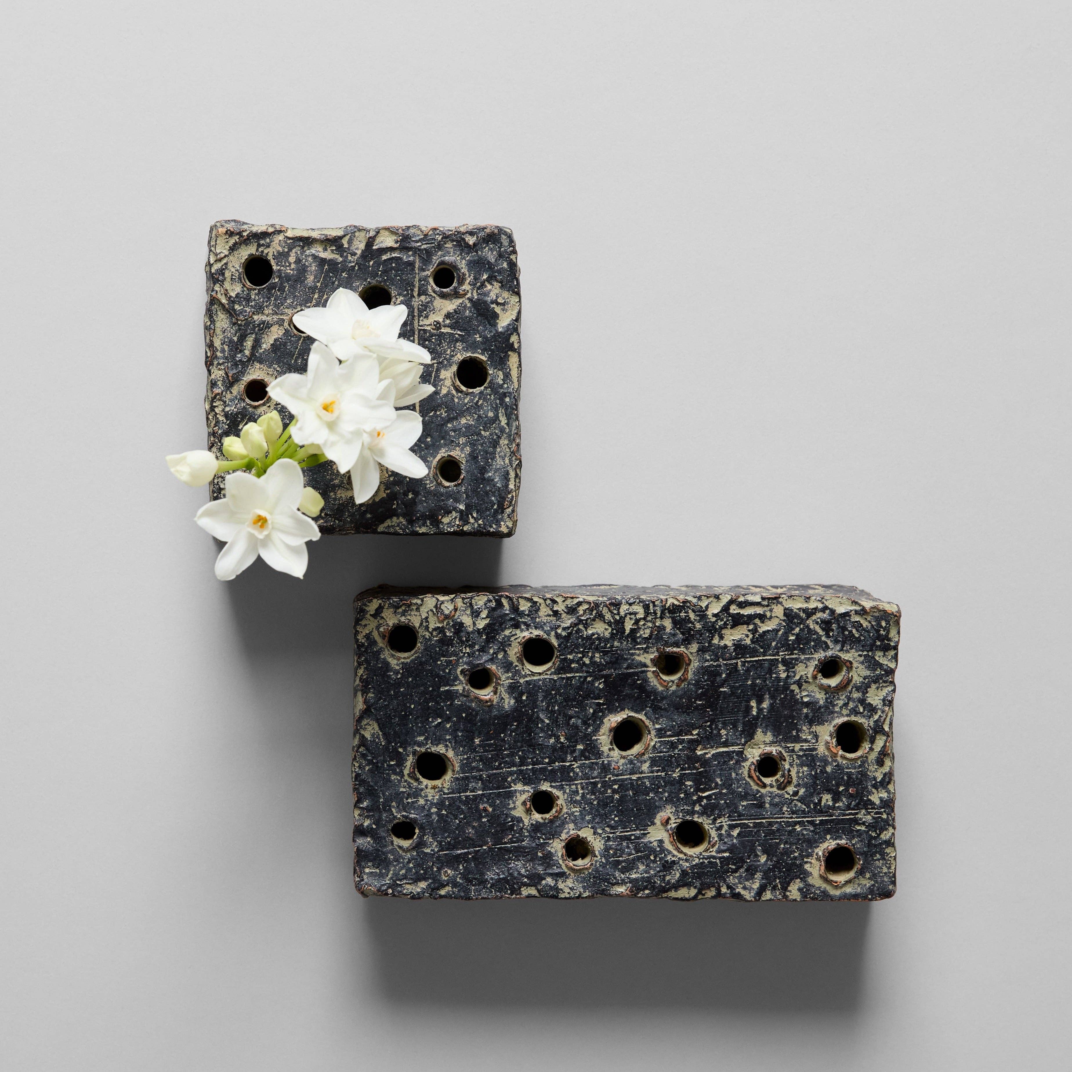 Ceramic Flower Frog Block, Grey Patina