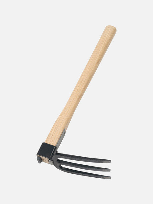 Forked hand hoe by Elephant Tools with a wooden handle and metal forked head for gardening and soil cultivation.