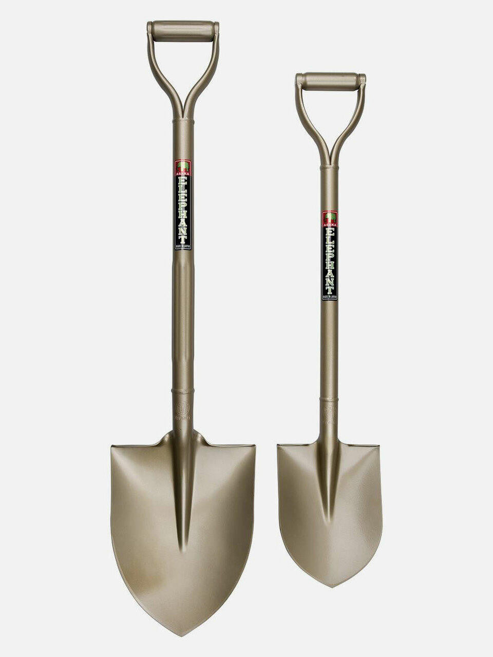 Golden Spade by Elephant Tools with a wooden handle and gold-colored metal blade, designed for gardening and outdoor use.