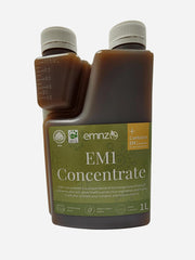 EMNZ EM1 Concentrate bottle, a natural probiotic supplement for gardening and agriculture, shown in a 1-liter container.