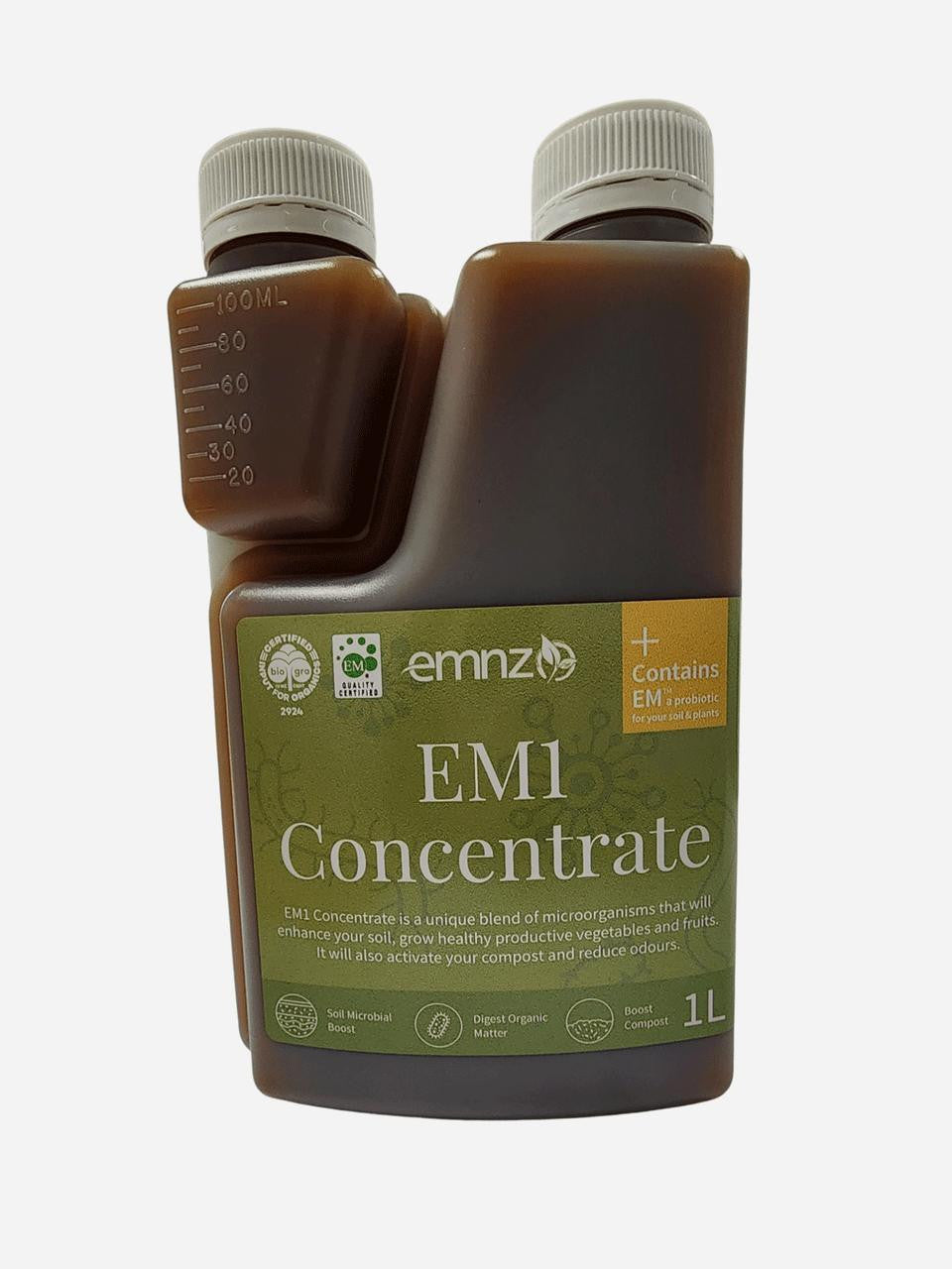 EMNZ EM1 Concentrate bottle, a natural probiotic supplement for gardening and agriculture, shown in a 1-liter container.