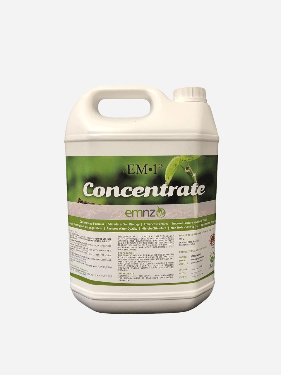 EMNZ EM1 Concentrate bottle showing clear liquid inside, with the label displaying product name and branding on the container.