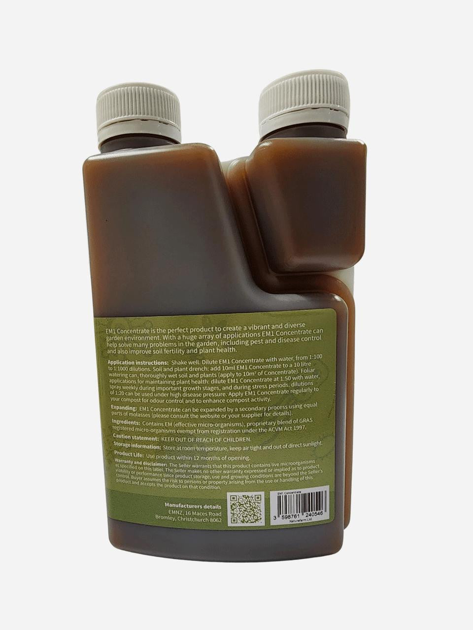 EMNZ EM1 Concentrate bottle with label, eco-friendly organic fertilizer or concentrate for garden use.