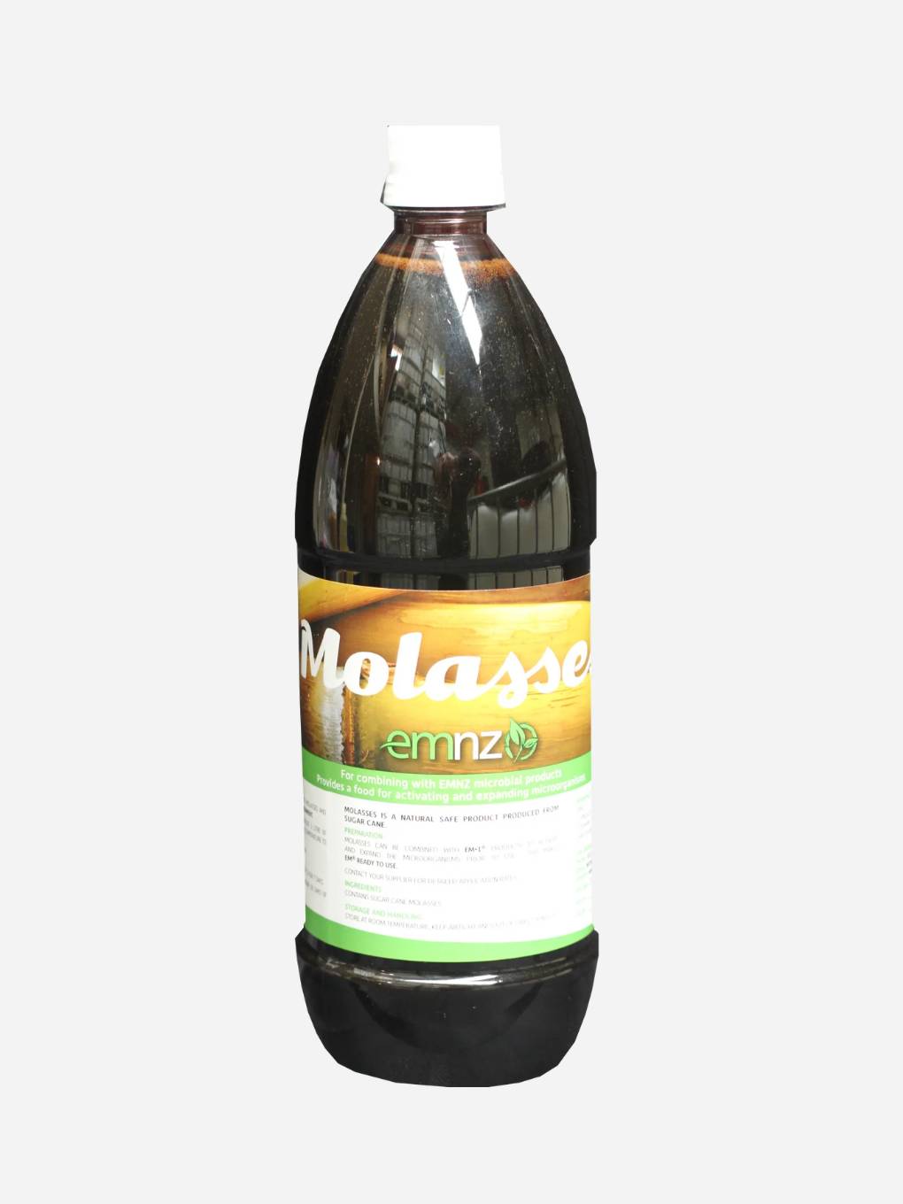 Organic EMNZ Molasses in a 1L bottle, showing dark, thick liquid used for baking and cooking.