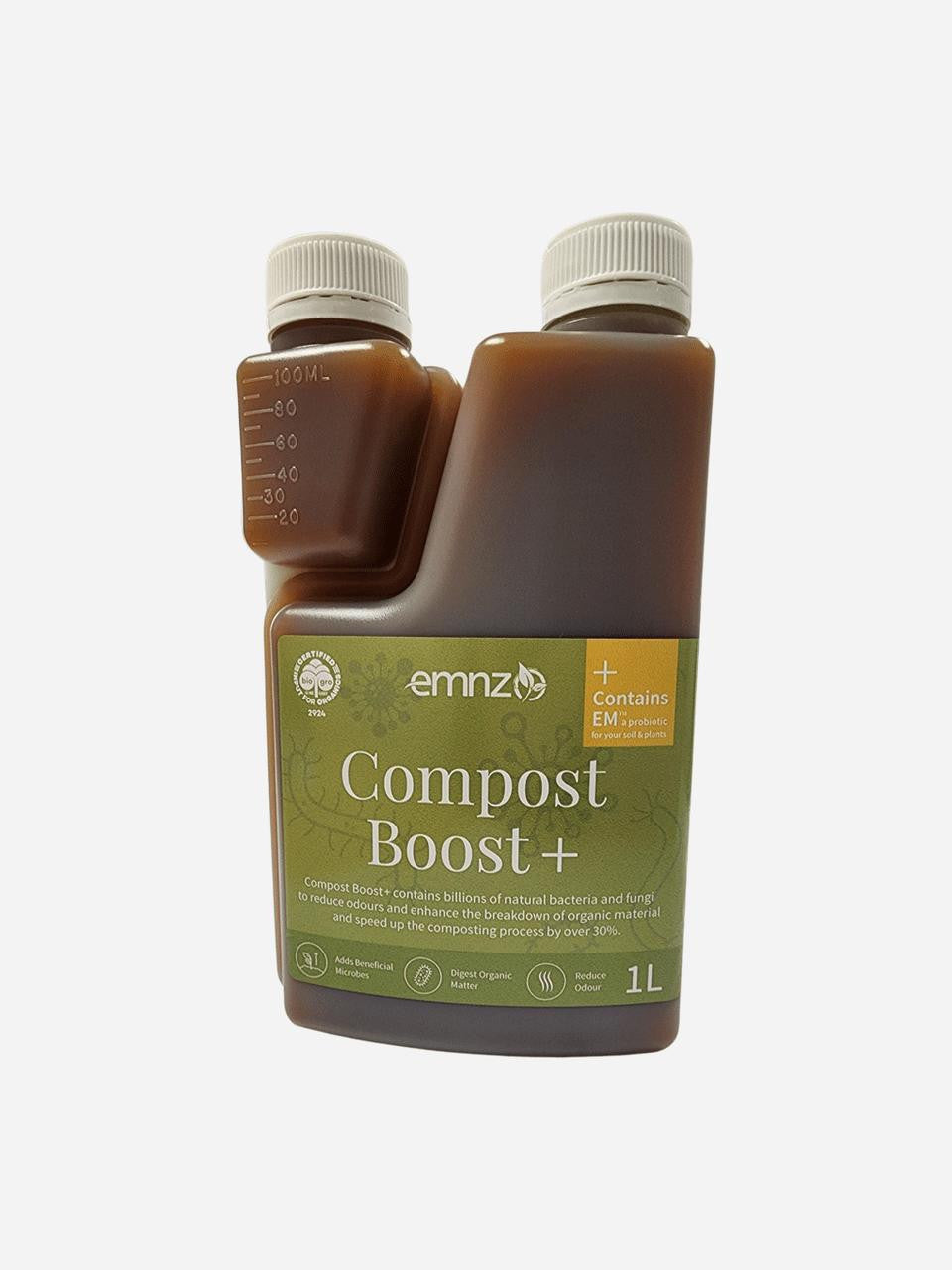 EMNZ Compost Boost+ organic fertilizer in a bag with green and white packaging, designed to enhance compost quality.