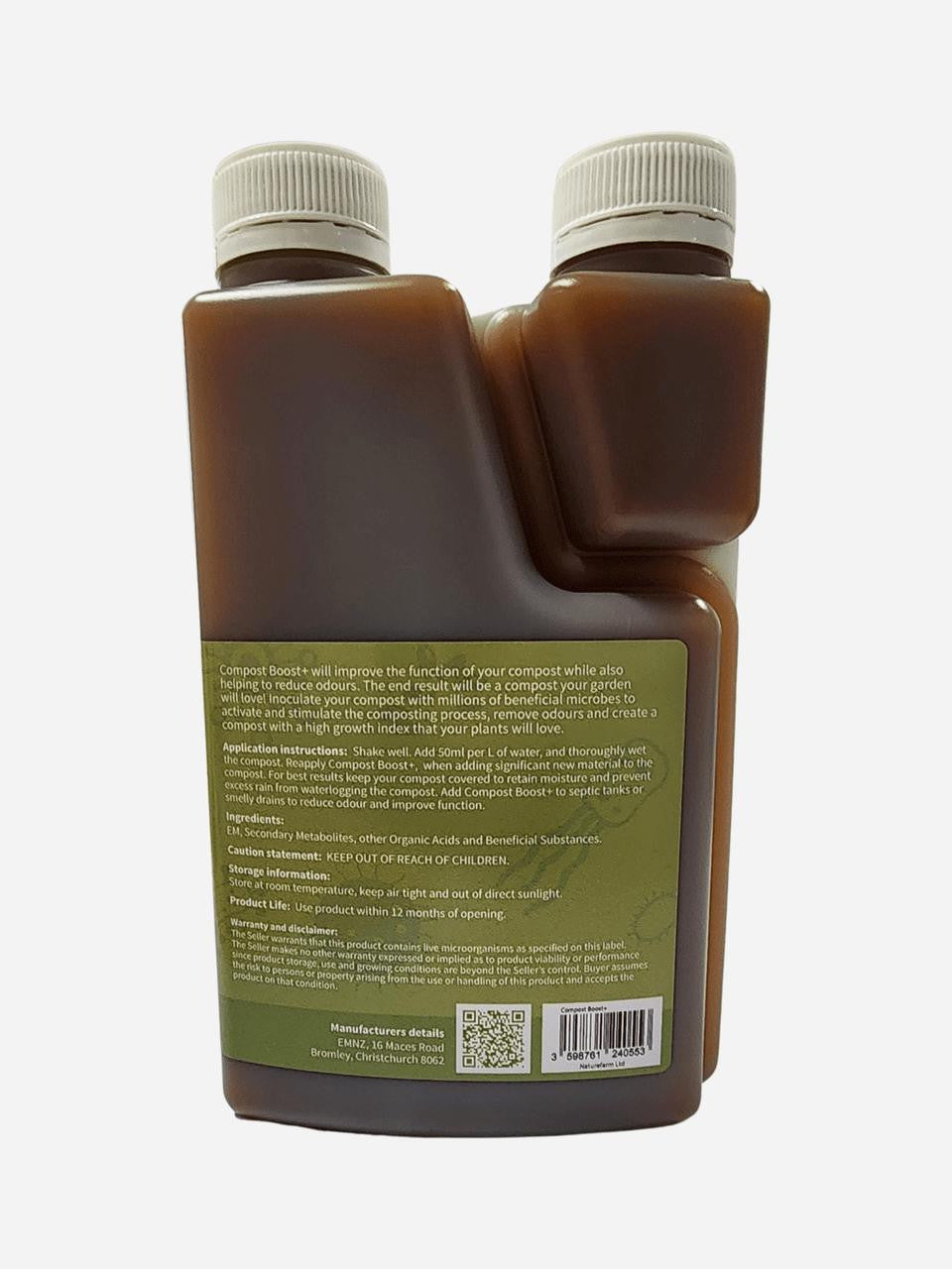 EMNZ Compost Boost+ organic fertilizer in a container, showing the product label and packaging for garden soil enrichment.