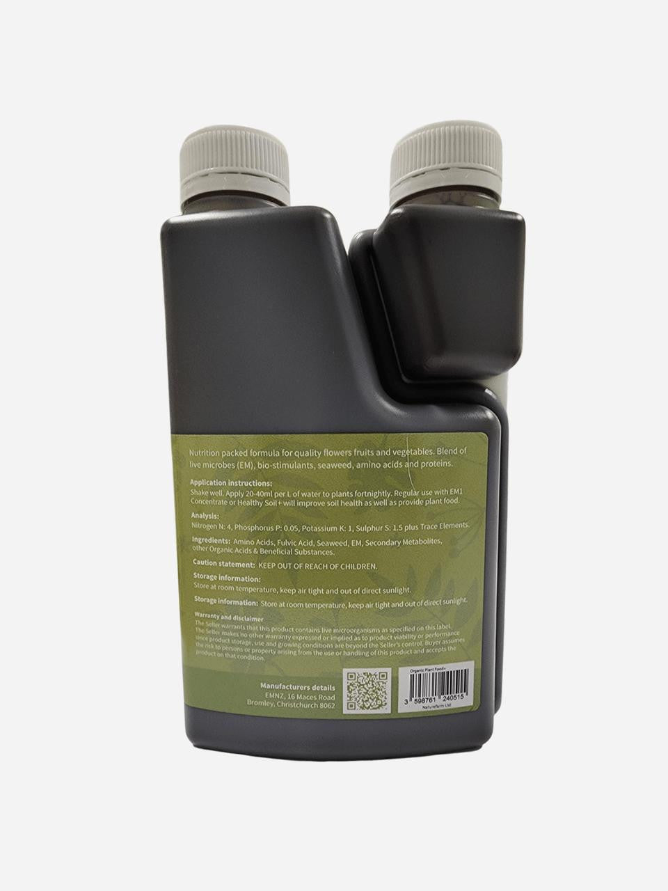 Organic plant food by EMNZ, showing a bag of natural fertilizer with lush green plants in the background.
