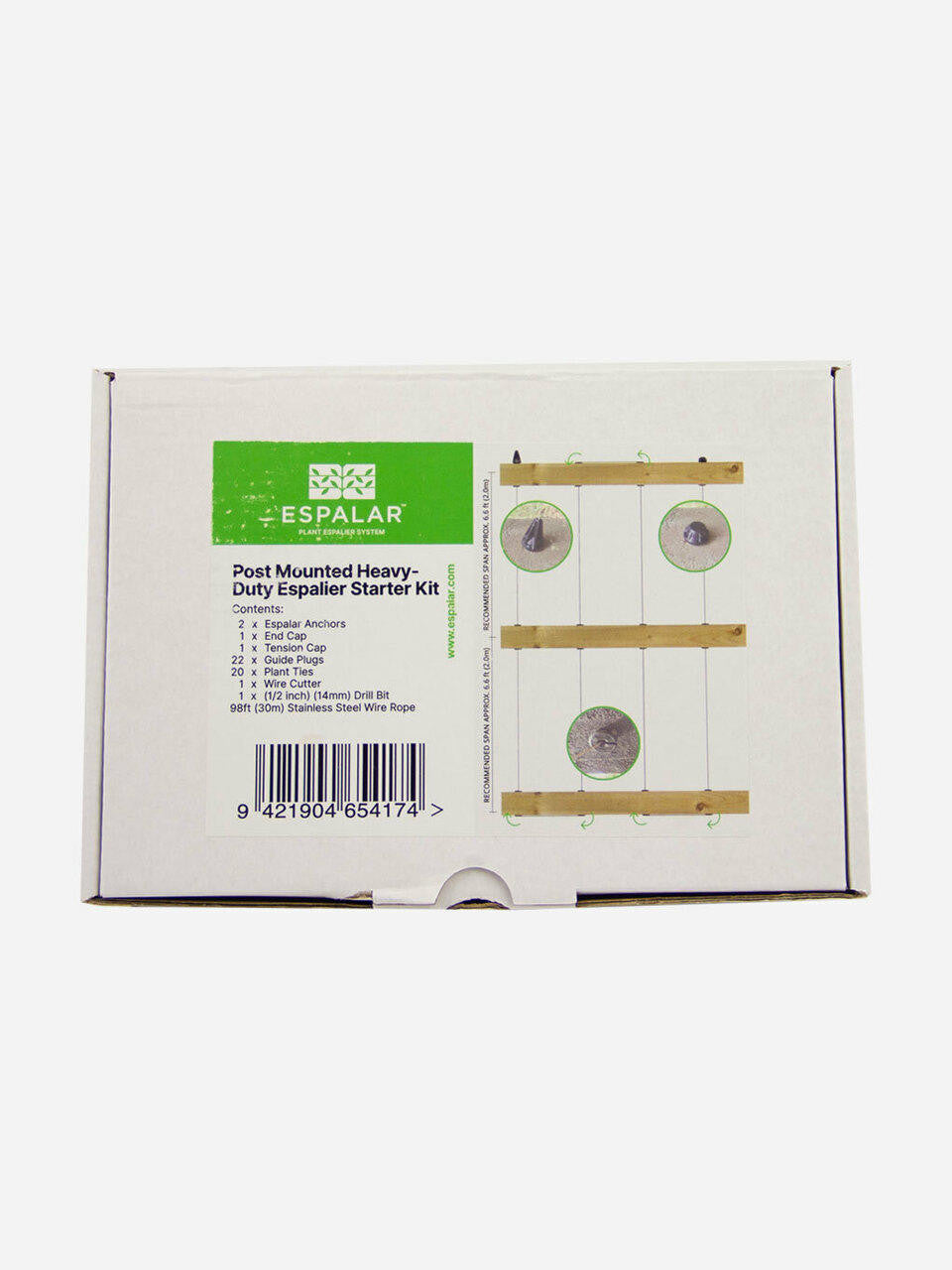 Post mounted espalier kit with wire by Espalar, showing wooden posts and wire for garden trellis installation.