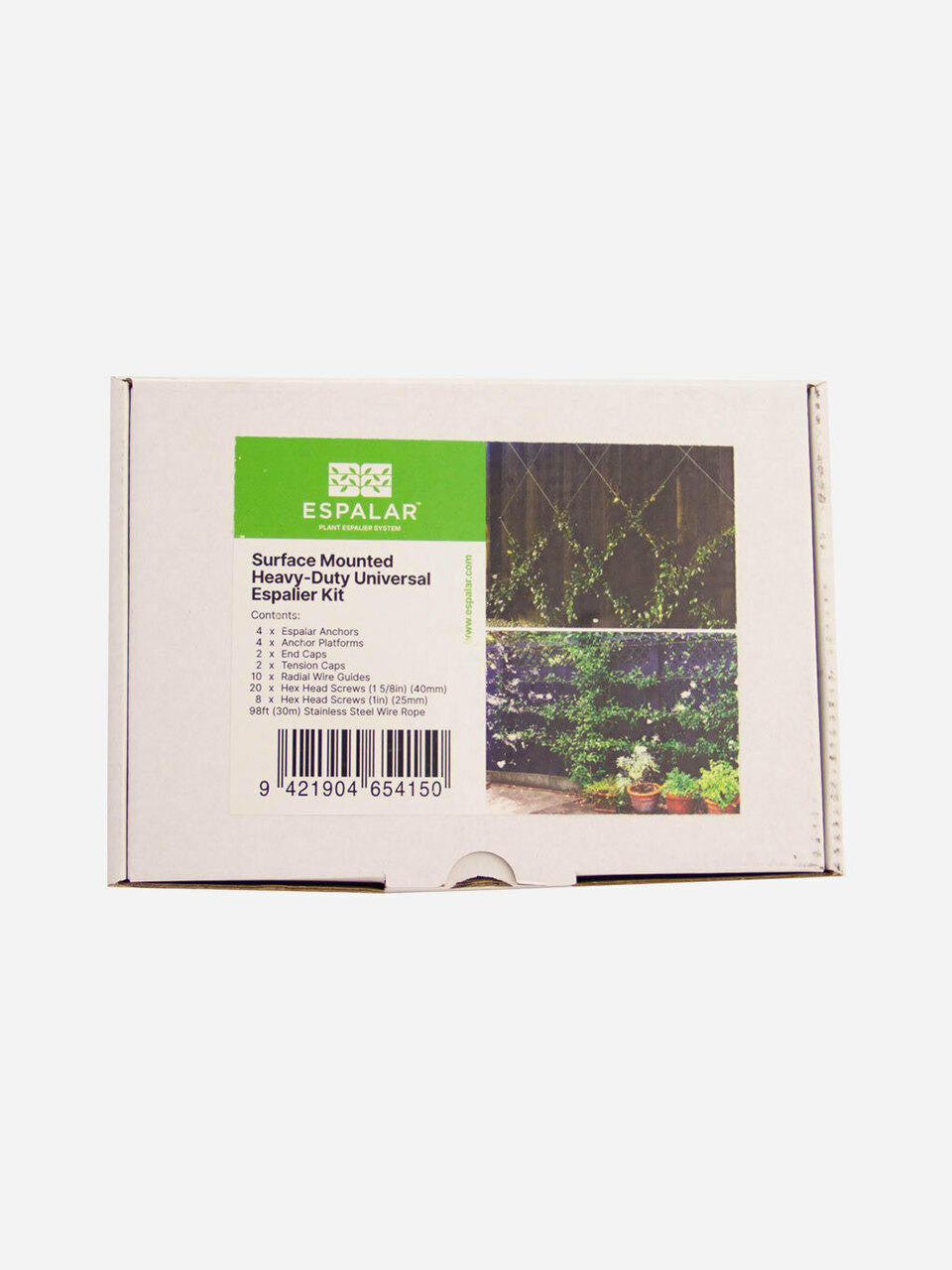 Surface mounted universal espalier kit by Espalar with wire for training plants on walls or fences.