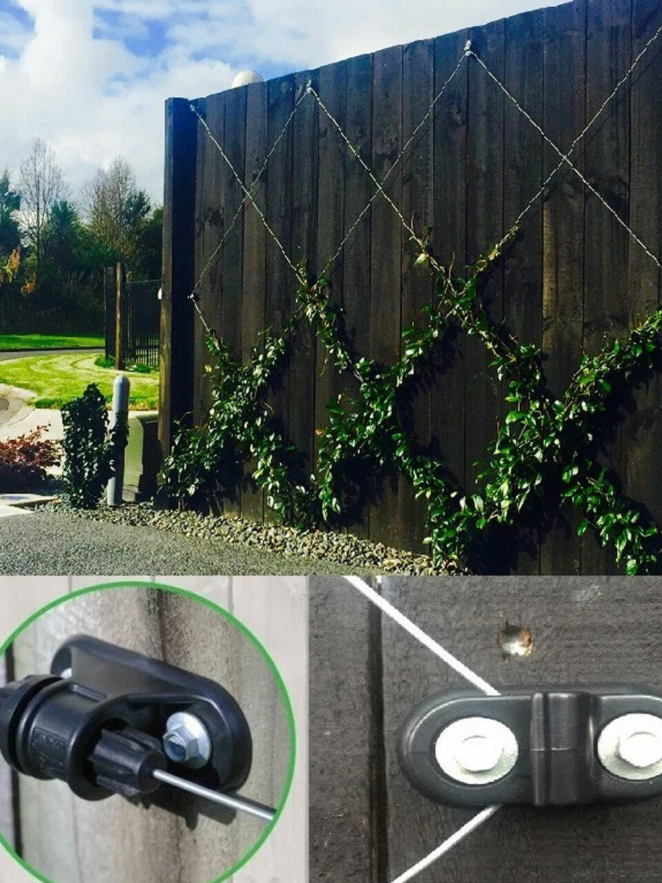 Surface mounted universal espalier starter kit by Espalar with tools and wire for outdoor plant training.