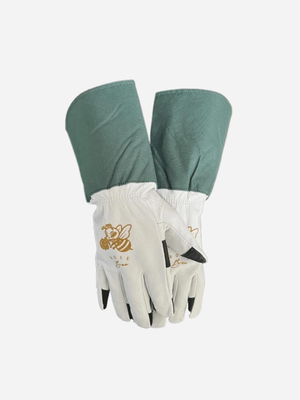 Garden Keepers Rose Bee Gloves for women, medium size, soft fabric with rose and bee pattern, ideal for gardening.