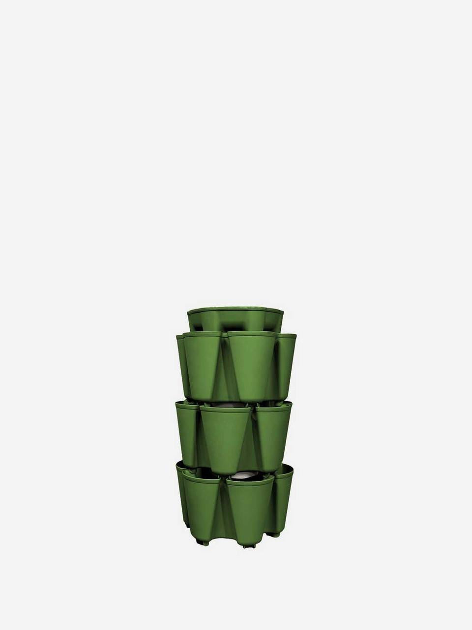 GreenStalk 3-tier vertical planter with lush green plants in an outdoor setting, showcasing its tiered design and vibrant foliage.
