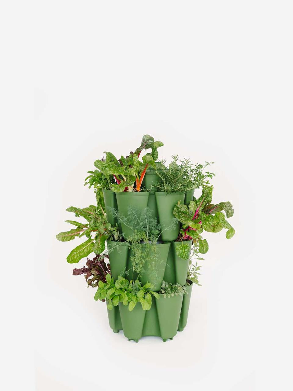 GreenStalk 3-tier vertical planter with lush green plants, showcasing its multi-level design for indoor or outdoor gardening.