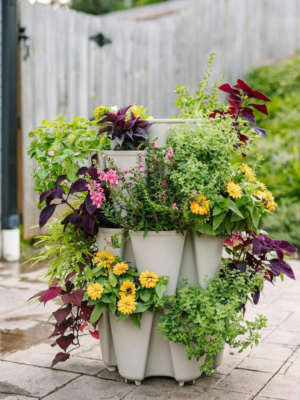 GreenStalk 3-tier vertical planter in stunning stone finish with multiple planting tiers and modern design for outdoor gardening.