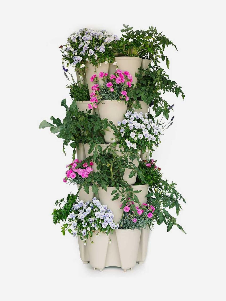 GreenStalk 5-tier original vertical planter in stunning stone with multiple planting levels, ideal for indoor or outdoor gardening.