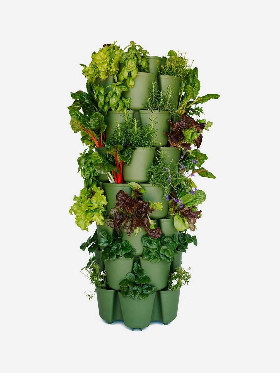 GreenStalk 7-tier vertical planter with lush green plants, showcasing its multi-level design for indoor or outdoor gardening.