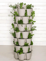 GreenStalk 7-tier vertical planter in stunning stone color, showcasing multiple planting tiers and modern design for indoor or outdoor use.