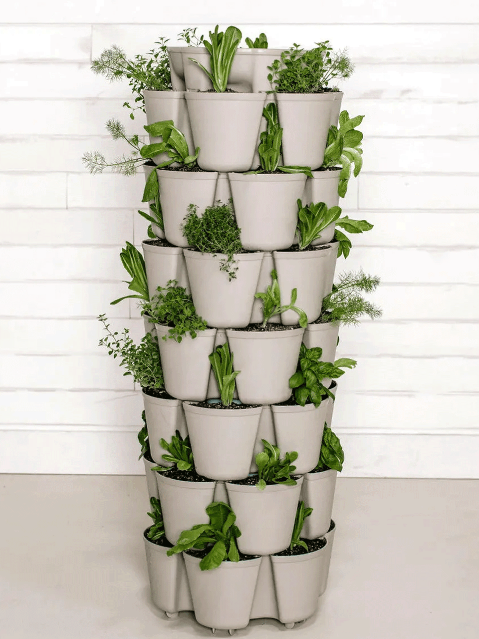 GreenStalk 7-tier vertical planter in stunning stone color, showcasing multiple planting tiers and modern design for indoor or outdoor use.