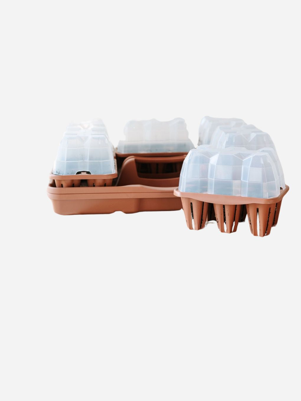 Terracotta seed starter kit with transparent domes by GreenStalk, including trays and plant labels for indoor gardening.