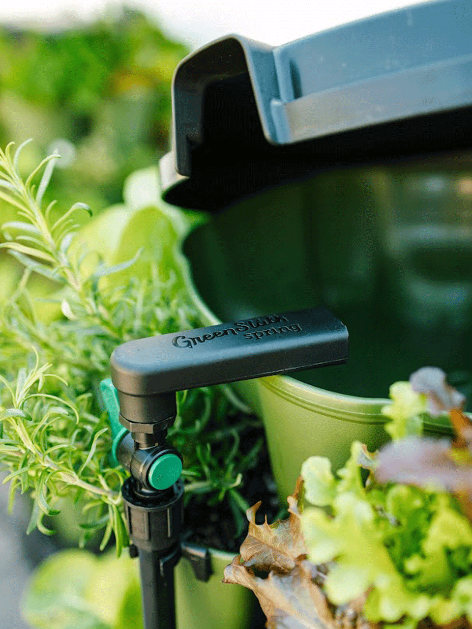 GreenStalk Spring Automatic Watering System for garden planters, showing hoses and watering components in use.