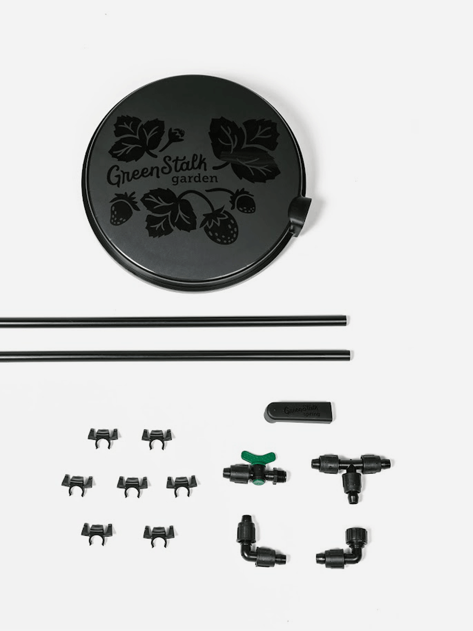 GreenStalk Spring Automatic Watering System for garden pots, featuring adjustable watering components and a compact design.