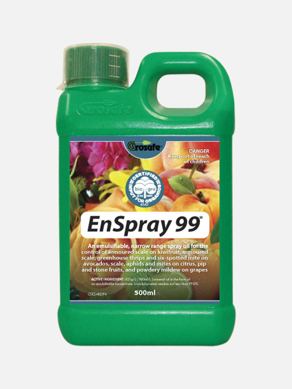 Grosafe Enspray 99® disinfectant spray bottle, 500ml, with label and spray nozzle for surface sanitization.