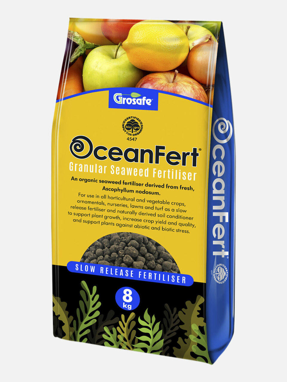 8kg container of OceanFert fertilizer by Grosafe, showing the product packaging with label and branding.