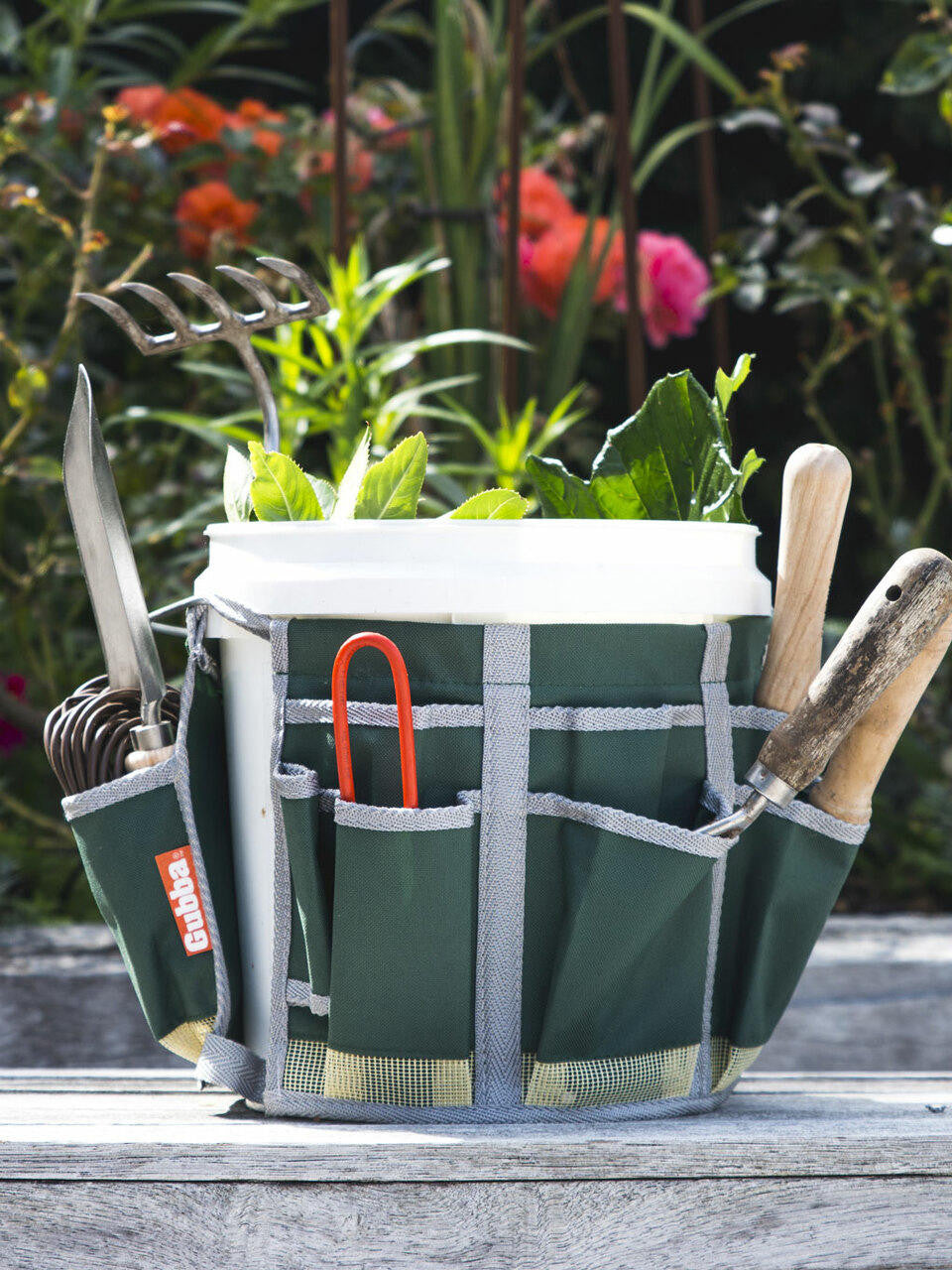 Bucket Organiser with pockets for tools and accessories, fitting standard garden buckets — Bugg
