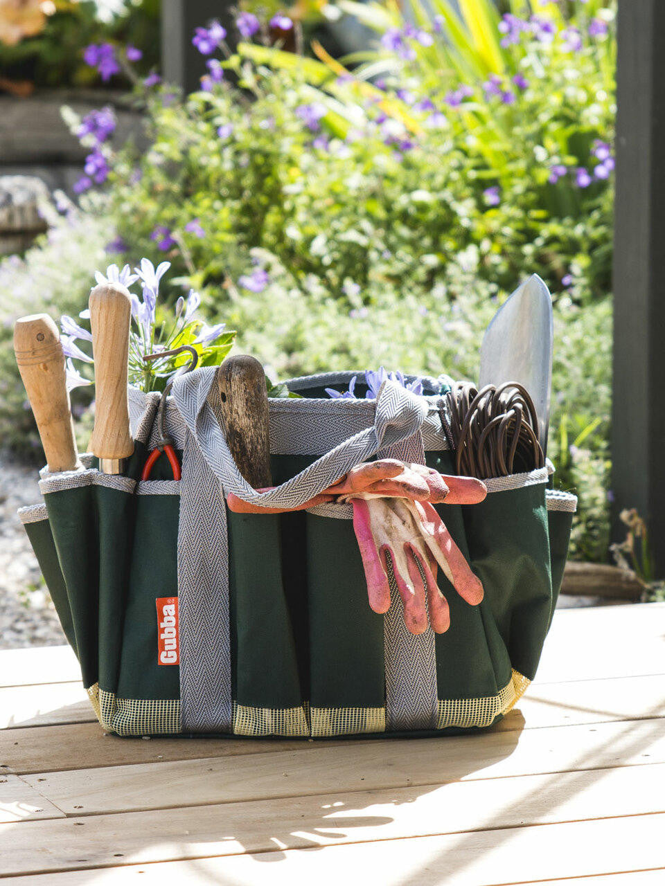 Gubba Garden Tote Organizer with multiple pockets and handles, designed for outdoor gardening tools and supplies.