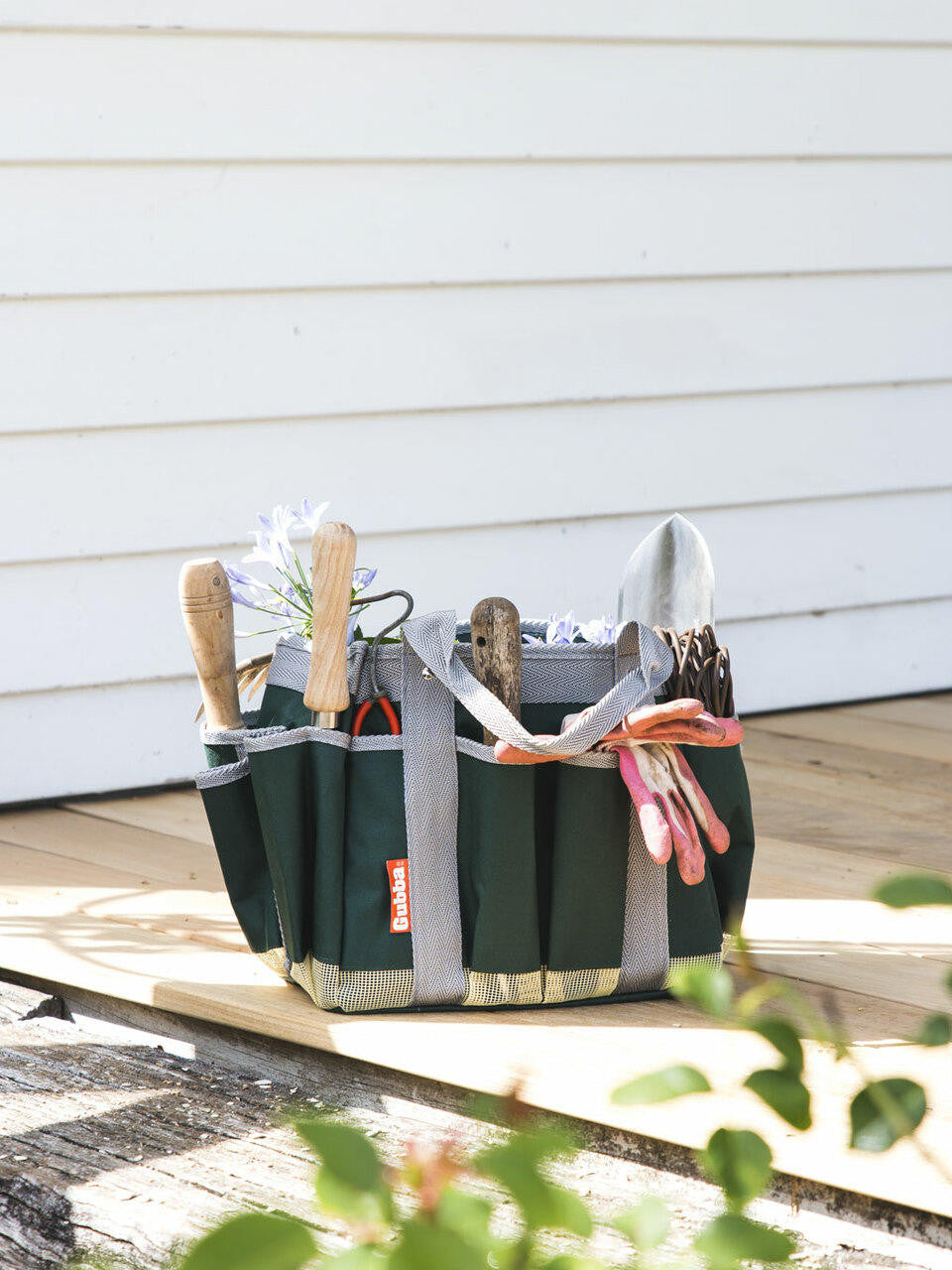 Gubba Garden Tote Organizer with multiple pockets and sturdy handles for outdoor tool storage and gardening supplies