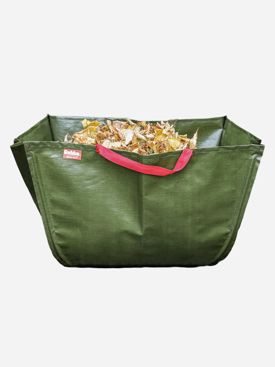 Gubba garden bag wrapped for storage, durable outdoor fabric with handles, ideal for yard waste and gardening debris.