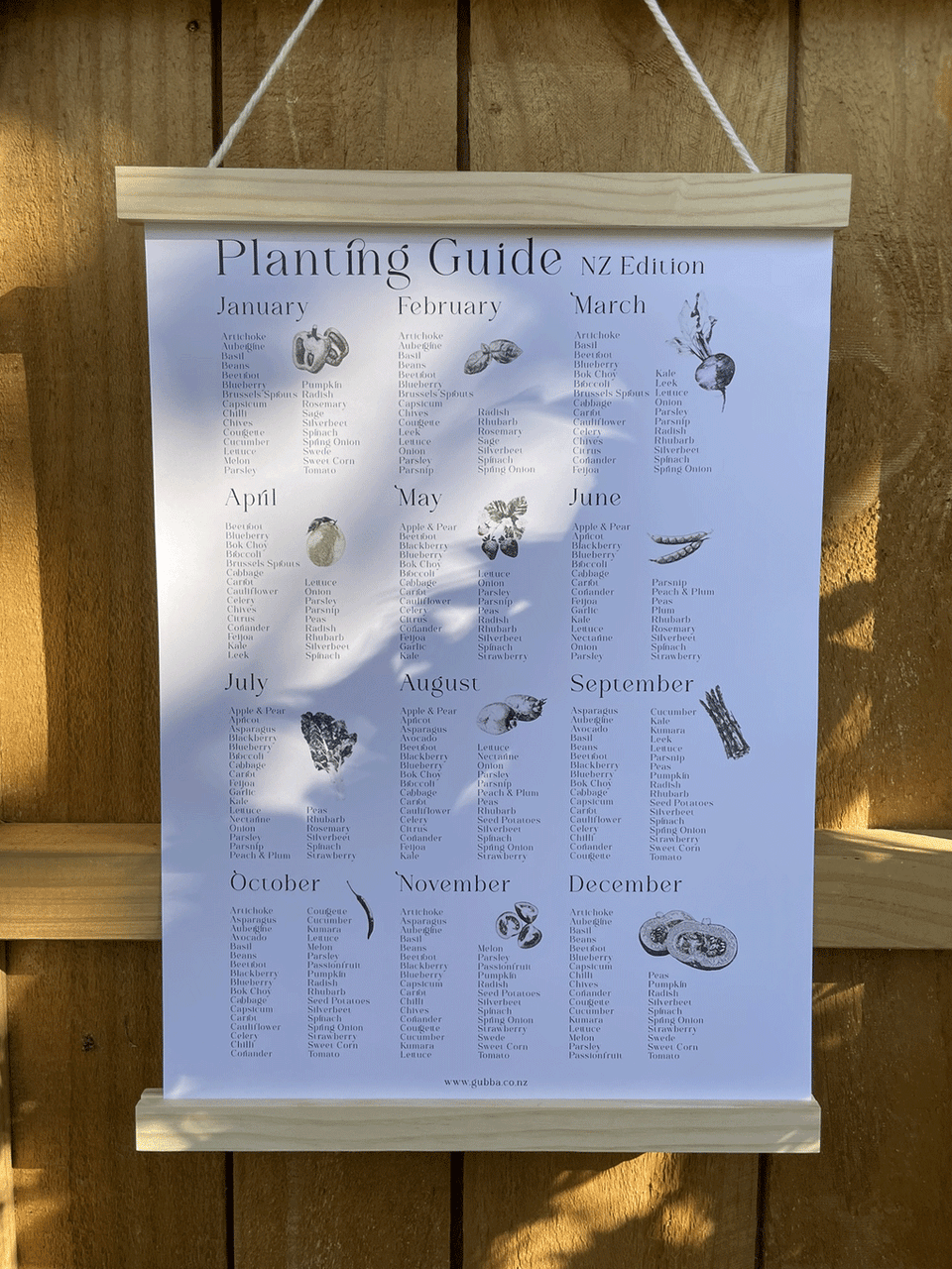 Printable Gubba NZ Edition Planting Guide Poster, digital download featuring colorful planting tips and illustrations for gardeners.