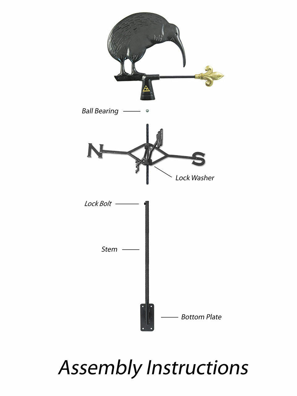 Gubba Weathervane Kiwi showing detailed metal silhouette on garden display pole — Bugg